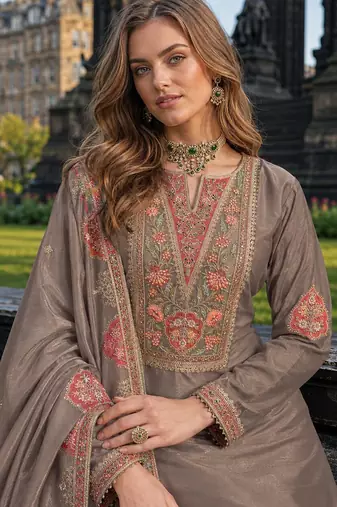 Chiku chinon free size stitched palazzo suit with codding dori & sequin work