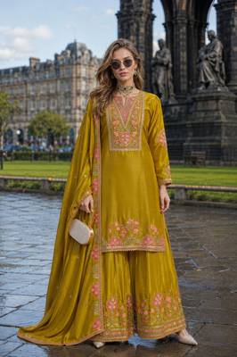 Mustard chinon free size stitched palazzo suit with codding dori & sequin work 1