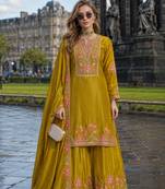 Mustard chinon free size stitched palazzo suit with codding dori & sequin work