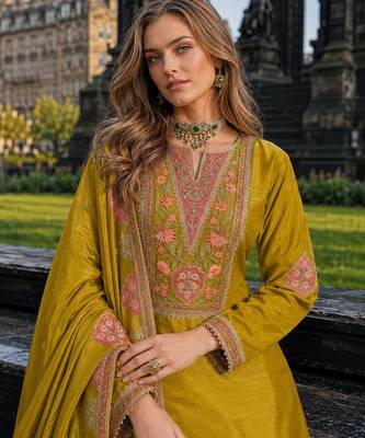 Mustard chinon free size stitched palazzo suit with codding dori & sequin work 2
