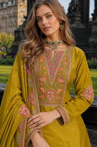 Mustard chinon free size stitched palazzo suit with codding dori & sequin work