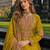 Mustard chinon free size stitched palazzo suit with codding dori & sequin work
