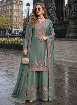 Sea green chinon free size stitched palazzo suit with codding dori & sequin work 1