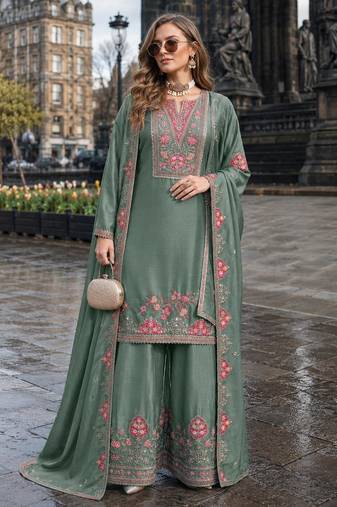 Sea green chinon free size stitched palazzo suit with codding dori & sequin work