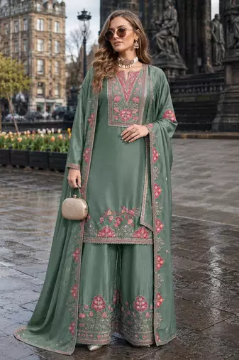 Sea green chinon free size stitched palazzo suit with codding dori & sequin work