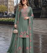 Sea green chinon free size stitched palazzo suit with codding dori & sequin work