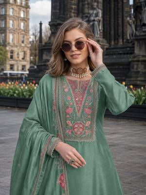 Sea green chinon free size stitched palazzo suit with codding dori & sequin work 2