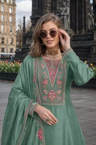 Sea green chinon free size stitched palazzo suit with codding dori & sequin work