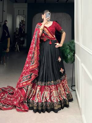 Black Navaratri Special Tussar Silk Patola Printed Lehenga with unstitched Blouse 5
