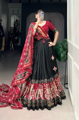 Black Navaratri Special Tussar Silk Patola Printed Lehenga with unstitched Blouse