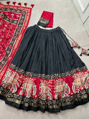 Black Navaratri Special Tussar Silk Patola Printed Lehenga with unstitched Blouse 6