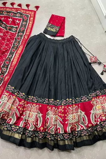 Black Navaratri Special Tussar Silk Patola Printed Lehenga with unstitched Blouse