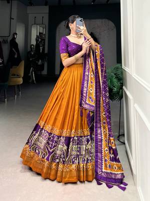 Mustard Navaratri Special Tussar Silk Patola Printed Lehenga with unstitched Blouse 5