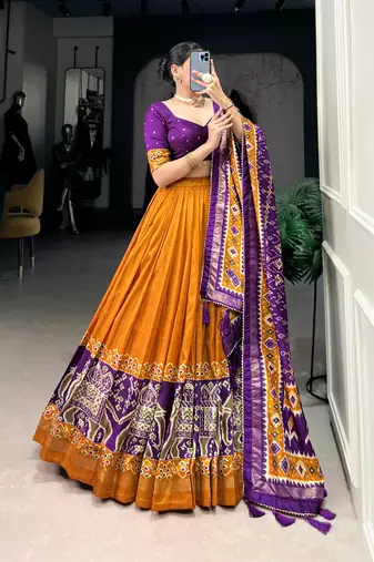 Mustard Navaratri Special Tussar Silk Patola Printed Lehenga with unstitched Blouse
