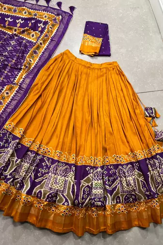 Mustard Navaratri Special Tussar Silk Patola Printed Lehenga with unstitched Blouse