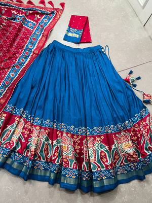 Teal Navaratri Special Tussar Silk Patola Printed Lehenga with unstitched Blouse 5
