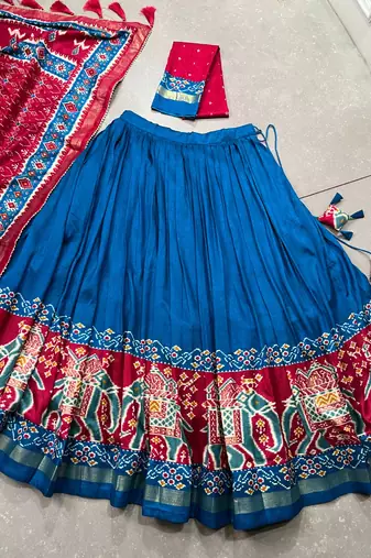 Teal Navaratri Special Tussar Silk Patola Printed Lehenga with unstitched Blouse