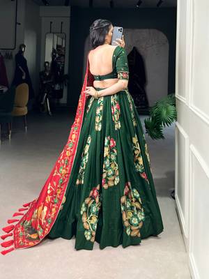 Green Tussar Silk Printed & Foil with Lace Touch Up Work Lehenga with Unstitched Blouse 5