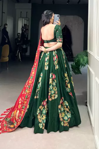 Green Tussar Silk Printed & Foil with Lace Touch Up Work Lehenga with Unstitched Blouse