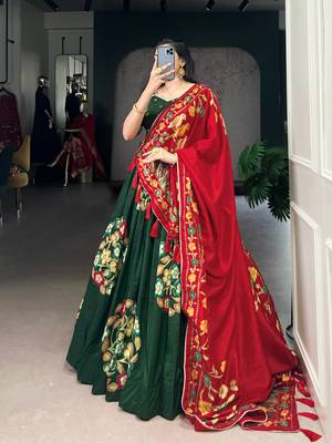Green Tussar Silk Printed & Foil with Lace Touch Up Work Lehenga with Unstitched Blouse 6