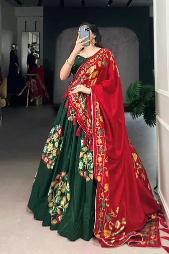 Green Tussar Silk Printed & Foil with Lace Touch Up Work Lehenga with Unstitched Blouse