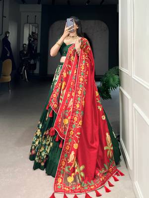 Green Tussar Silk Printed & Foil with Lace Touch Up Work Lehenga with Unstitched Blouse 7