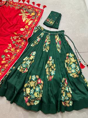 Green Tussar Silk Printed & Foil with Lace Touch Up Work Lehenga with Unstitched Blouse 8