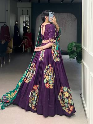 Purple Tussar Silk Printed & Foil with Lace Touch Up Work Lehenga with Unstitched Blouse 5