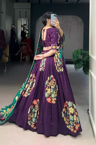 Purple Tussar Silk Printed & Foil with Lace Touch Up Work Lehenga with Unstitched Blouse