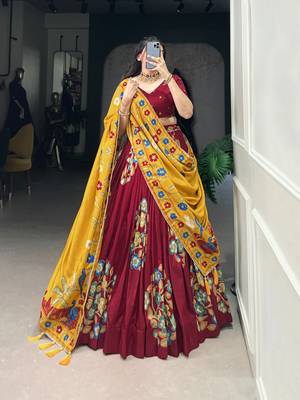 Maroon Tussar Silk Printed & Foil with Lace Touch Up Work Lehenga with Unstitched Blouse 5