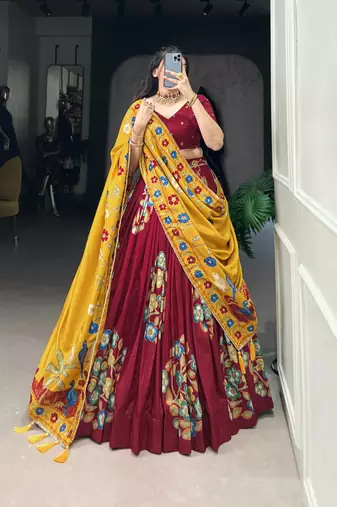 Maroon Tussar Silk Printed & Foil with Lace Touch Up Work Lehenga with Unstitched Blouse