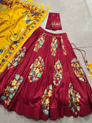 Maroon Tussar Silk Printed & Foil with Lace Touch Up Work Lehenga with Unstitched Blouse 6