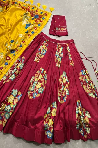 Maroon Tussar Silk Printed & Foil with Lace Touch Up Work Lehenga with Unstitched Blouse
