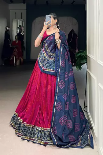 Pink Navaratri Special Bandhej Print With Gotta Patti Lace Touch Up Lehenga with Unstitched Blouse