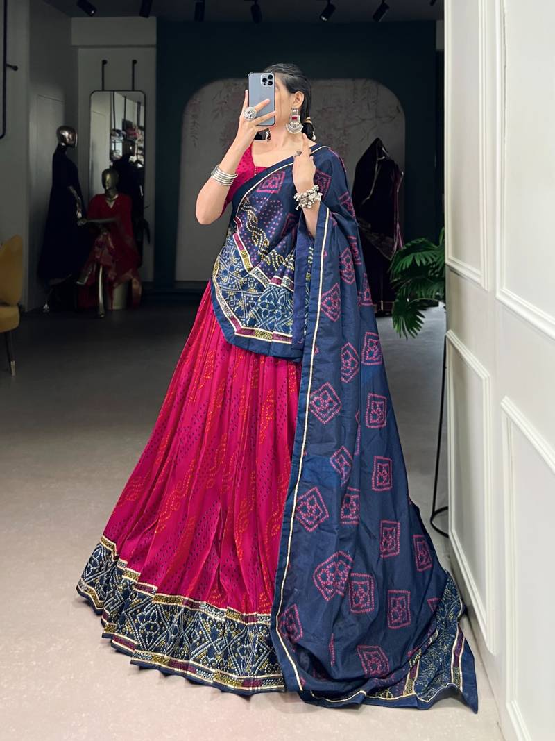 Pink Navaratri Special Bandhej Print With Gotta Patti Lace Touch Up Lehenga with Unstitched Blouse