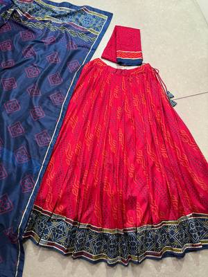 Pink Navaratri Special Bandhej Print With Gotta Patti Lace Touch Up Lehenga with Unstitched Blouse 6