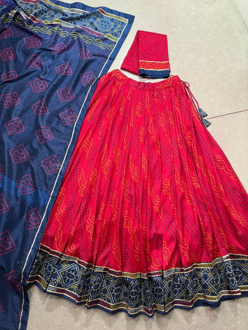 Pink Navaratri Special Bandhej Print With Gotta Patti Lace Touch Up Lehenga with Unstitched Blouse