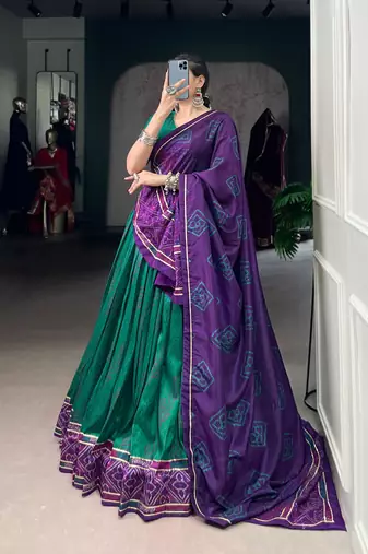 Green Navaratri Special Bandhej Print With Gotta Patti Lace Touch Up Lehenga with Unstitched Blouse