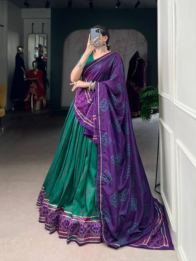 Green Navaratri Special Bandhej Print With Gotta Patti Lace Touch Up Lehenga with Unstitched Blouse