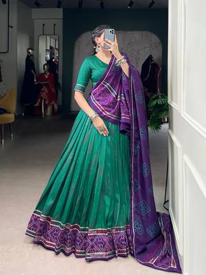 Green Navaratri Special Bandhej Print With Gotta Patti Lace Touch Up Lehenga with Unstitched Blouse 6