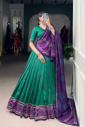 Green Navaratri Special Bandhej Print With Gotta Patti Lace Touch Up Lehenga with Unstitched Blouse