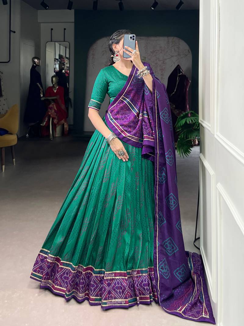 Green Navaratri Special Bandhej Print With Gotta Patti Lace Touch Up Lehenga with Unstitched Blouse