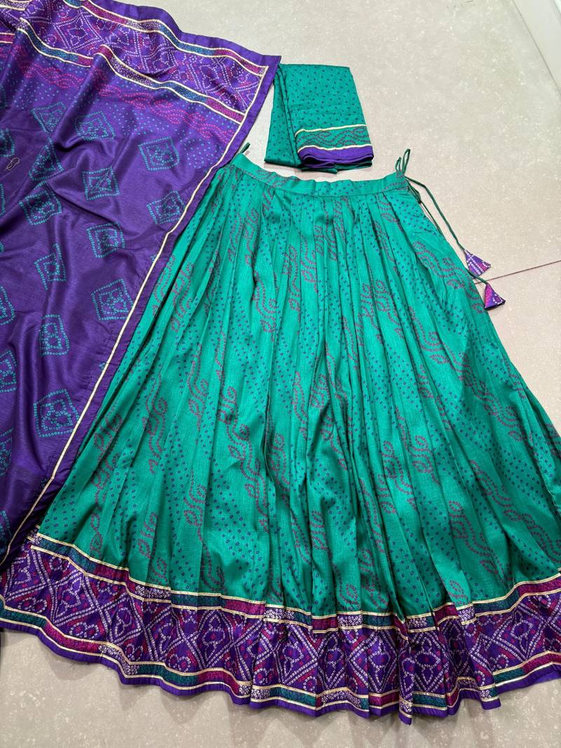 Green Navaratri Special Bandhej Print With Gotta Patti Lace Touch Up Lehenga with Unstitched Blouse