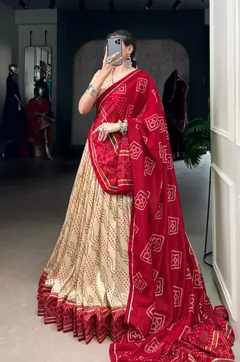 Off White Navaratri Special Bandhej Print With Gotta Patti Lace Touch Up Lehenga with Unstitched Blouse