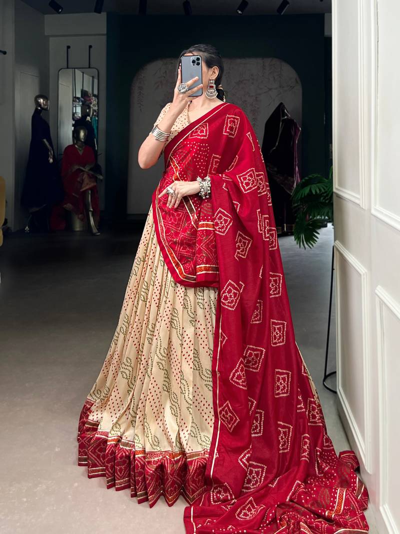 Off White Navaratri Special Bandhej Print With Gotta Patti Lace Touch Up Lehenga with Unstitched Blouse