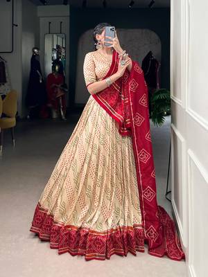 Off White Navaratri Special Bandhej Print With Gotta Patti Lace Touch Up Lehenga with Unstitched Blouse 6