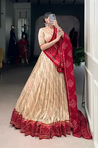 Off White Navaratri Special Bandhej Print With Gotta Patti Lace Touch Up Lehenga with Unstitched Blouse