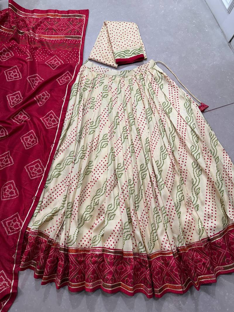 Off White Navaratri Special Bandhej Print With Gotta Patti Lace Touch Up Lehenga with Unstitched Blouse