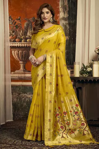Mustard kota silk blend paithani saree with meenakari floral bootis