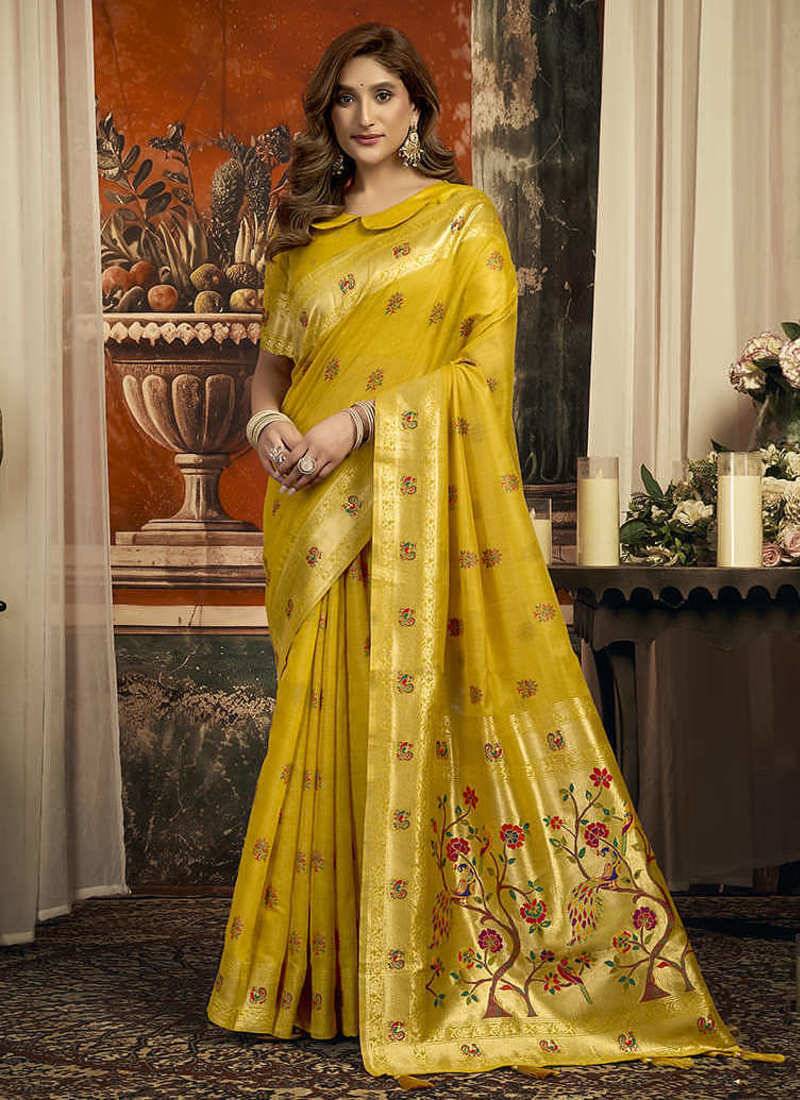 Mustard kota silk blend paithani saree with meenakari floral bootis